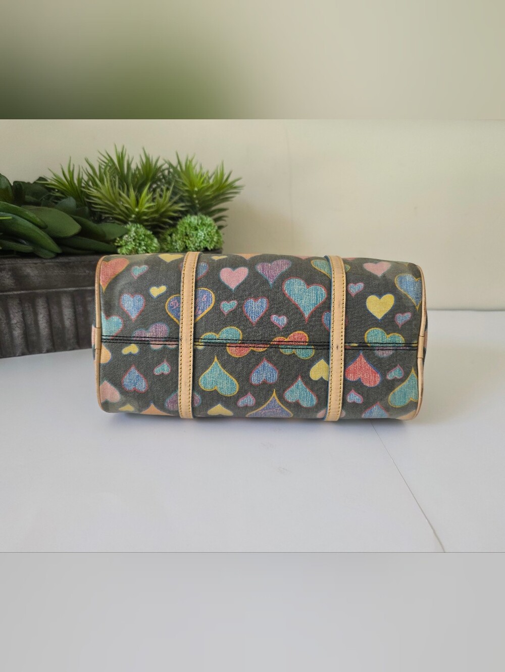 Vintage Dooney & Bourke Crayon Hearts Coated Cotton Bag Coin Purse Set - Picture 9 of 16